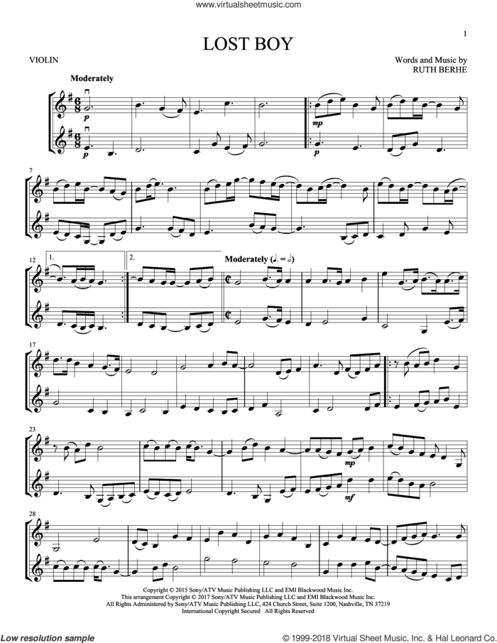 Lost Boy sheet music for two violins (duets, violin duets) by Ruth B and Ruth Berhe, intermediate skill level