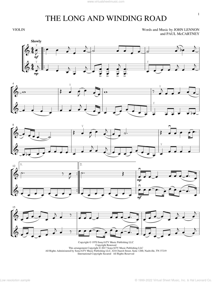 The Long And Winding Road sheet music for two violins (duets, violin duets) by The Beatles, John Lennon and Paul McCartney, intermediate skill level