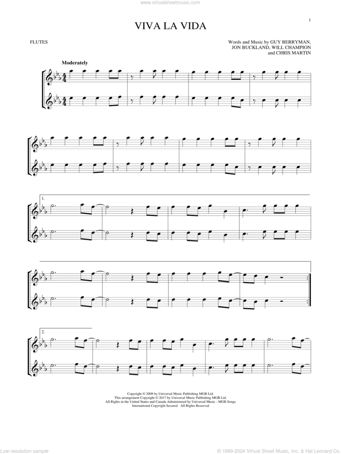 Viva La Vida sheet music for two flutes (duets) by Coldplay, Chris Martin, Guy Berryman, Jon Buckland and Will Champion, intermediate skill level