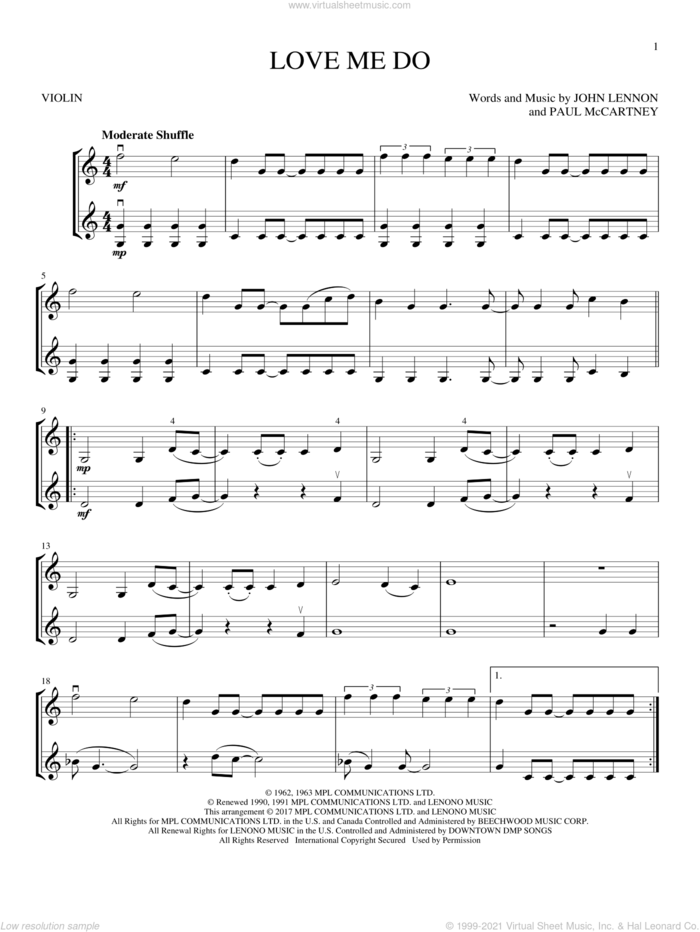Love Me Do sheet music for two violins (duets, violin duets) by The Beatles, John Lennon and Paul McCartney, intermediate skill level