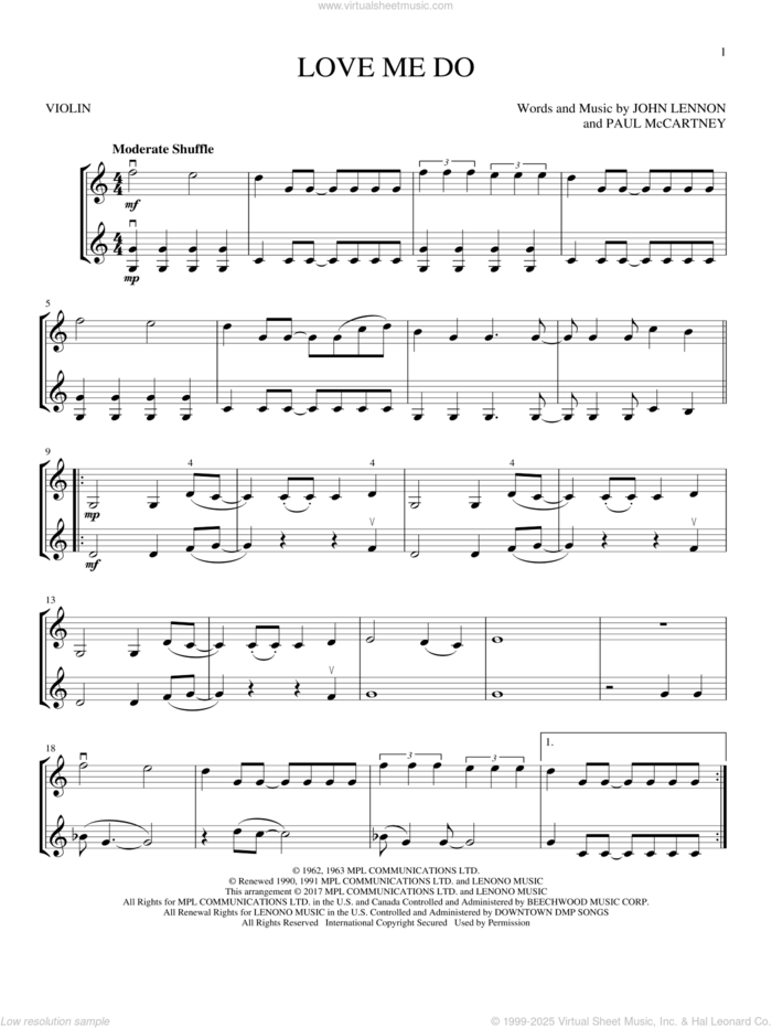 Love Me Do sheet music for two violins (duets, violin duets) by The Beatles, John Lennon and Paul McCartney, intermediate skill level