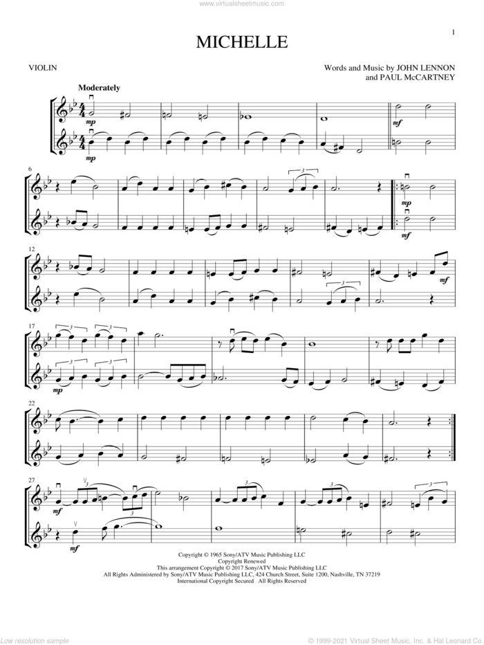 Michelle sheet music for two violins (duets, violin duets) by The Beatles, John Lennon and Paul McCartney, intermediate skill level