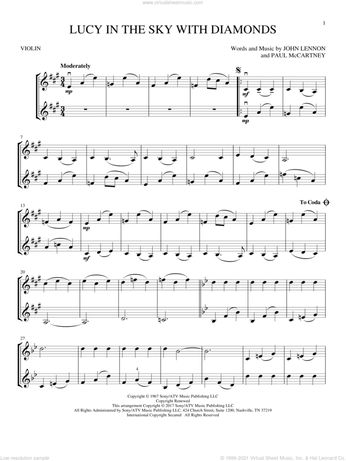 Lucy In The Sky With Diamonds sheet music for two violins (duets, violin duets) by The Beatles, John Lennon and Paul McCartney, intermediate skill level