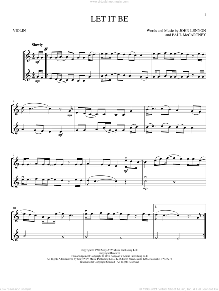 Let It Be sheet music for two violins (duets, violin duets) by The Beatles, John Lennon and Paul McCartney, intermediate skill level