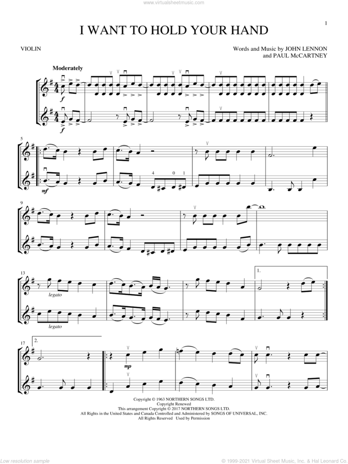 I Want To Hold Your Hand sheet music for two violins (duets, violin duets) by The Beatles, John Lennon and Paul McCartney, intermediate skill level