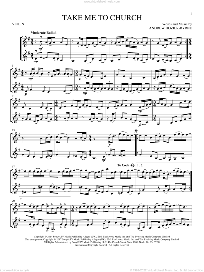 Take Me To Church sheet music for two violins (duets, violin duets) by Hozier and Andrew Hozier-Byrne, intermediate skill level