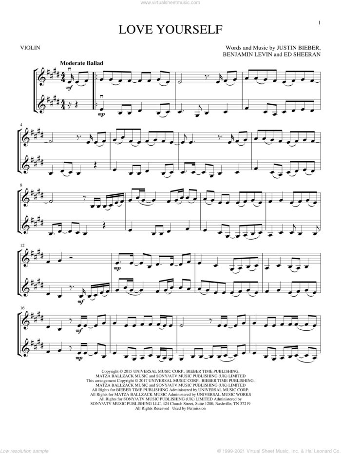 Love Yourself sheet music for two violins (duets, violin duets) by Justin Bieber, Benjamin Levin, Ed Sheeran, Joshua Gudwin and Scott Braun, intermediate skill level