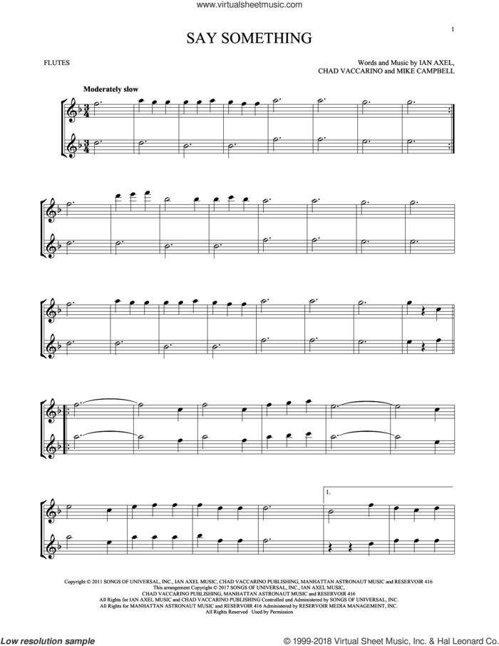 Say Something sheet music for two flutes (duets) by A Great Big World, Chad Vaccarino, Ian Axel and Mike Campbell, intermediate skill level