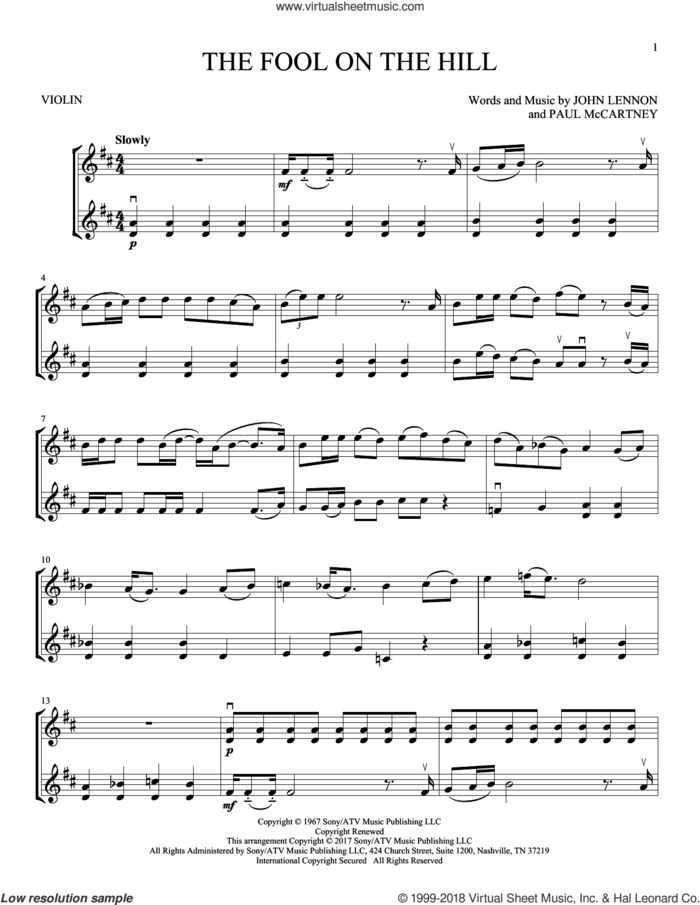 The Fool On The Hill sheet music for two violins (duets, violin duets) by The Beatles, John Lennon and Paul McCartney, intermediate skill level