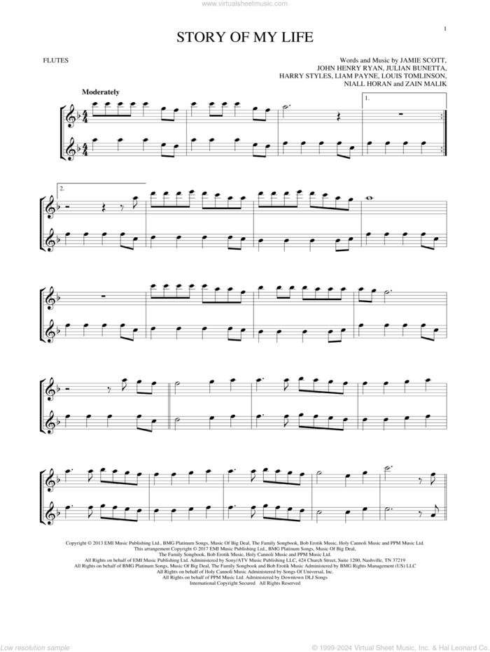 Story Of My Life sheet music for two flutes (duets) by One Direction, Harry Styles, Jamie Scott, John Henry Ryan, Julian Bunetta, Liam Payne, Louis Tomlinson, Niall Horan and Zain Malik, intermediate skill level