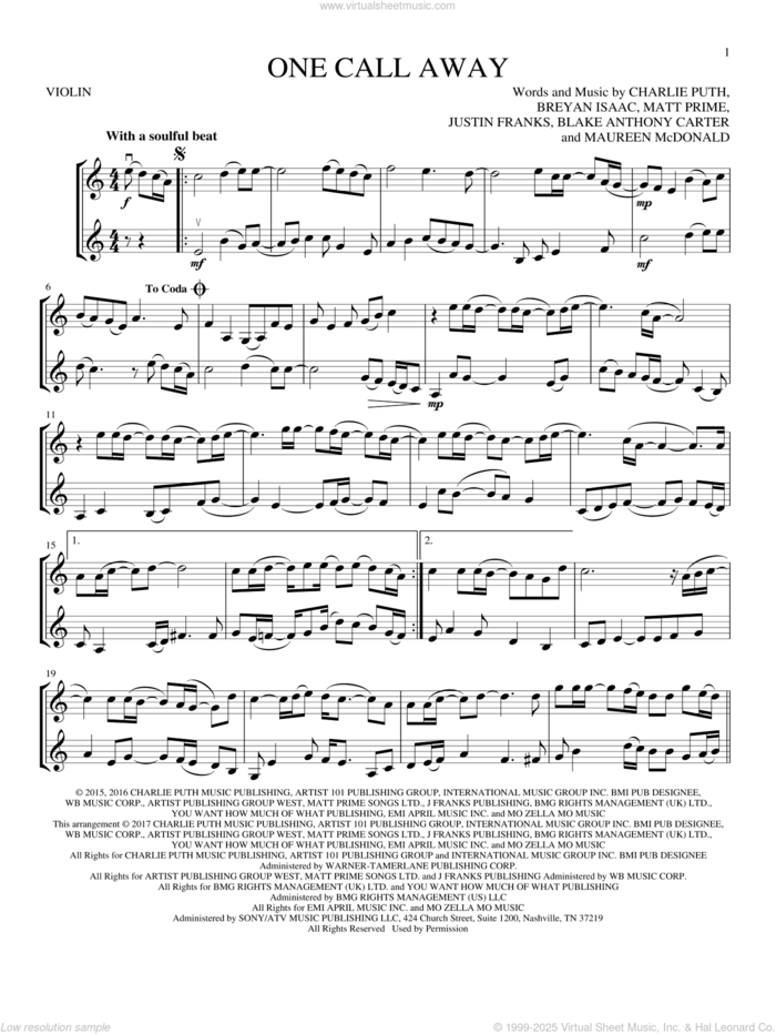 One Call Away sheet music for two violins (duets, violin duets) by Charlie Puth, Blake Anthony Carter, Breyan Isaac, Justin Franks, Matt Prime and Maureen McDonald, wedding score, intermediate skill level