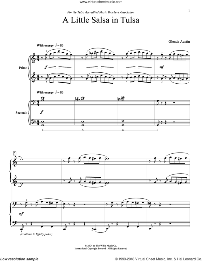 A Little Salsa In Tulsa sheet music for piano four hands by Glenda Austin, intermediate skill level