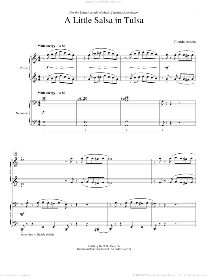 A Little Salsa In Tulsa sheet music for piano four hands by Glenda Austin, intermediate skill level