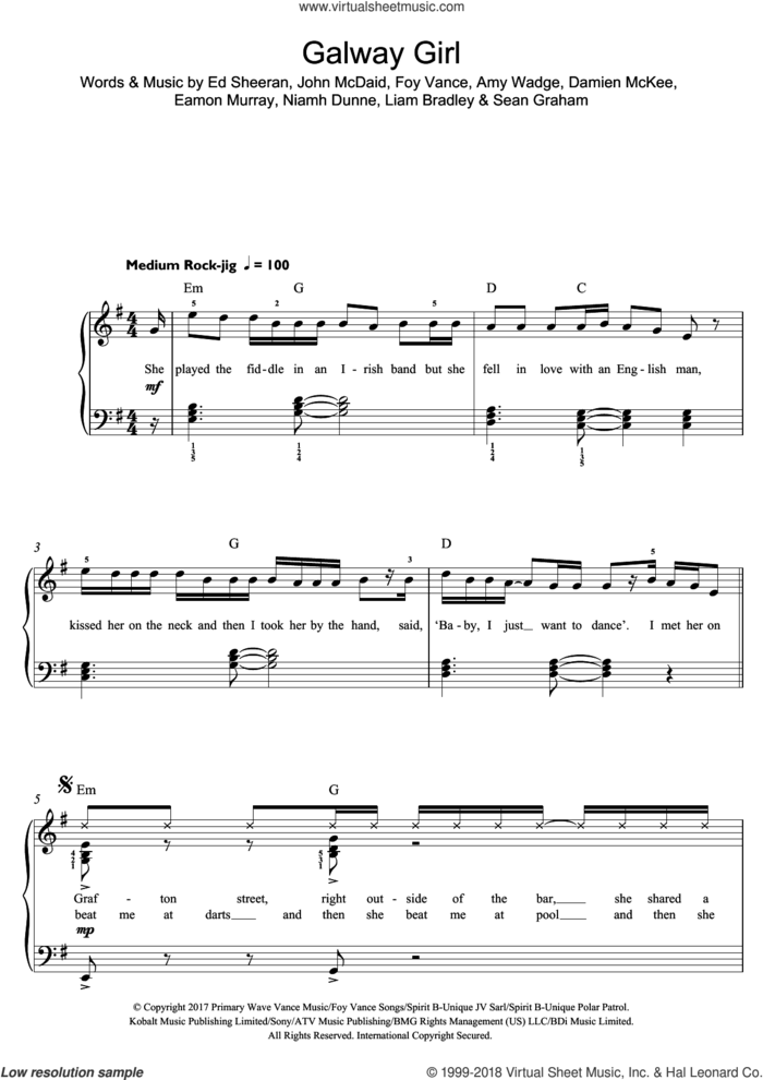 Galway Girl sheet music for piano solo (beginners) by Ed Sheeran, Amy Wadge, Damien McKee, Eamon Murray, Foy Vance, John McDaid, Liam Bradley, Niamh Dunne and Sean Graham, beginner piano (beginners)