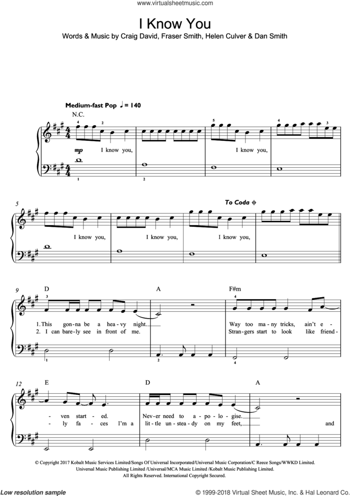 I Know You (featuring Bastille) sheet music for piano solo (beginners) by Craig David, Bastille, Dan Smith, Fraser T. Smith and Helen Culver, beginner piano (beginners)