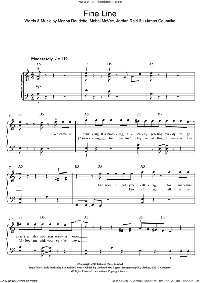 Fine Line (featuring Not3s) sheet music for piano solo (beginners) by Mabel, Not3s, Jordan Reid, Lukman Odunaike, Mabel McVey and Marlon Roudette, beginner piano (beginners)