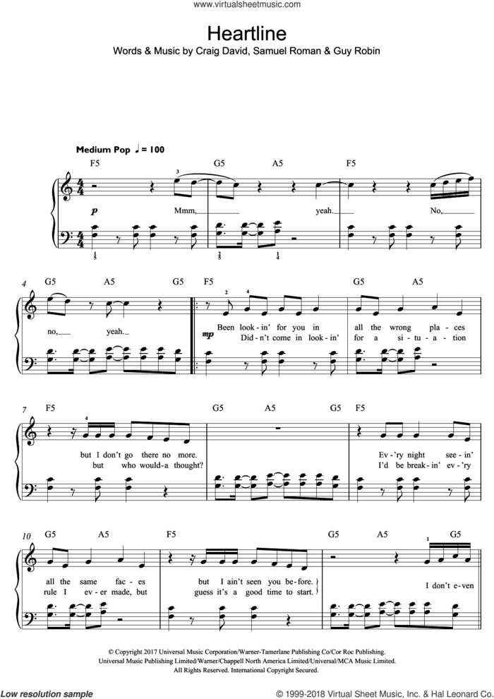 Heartline sheet music for piano solo (beginners) by Craig David, Guy Robin and Samuel Roman, beginner piano (beginners)