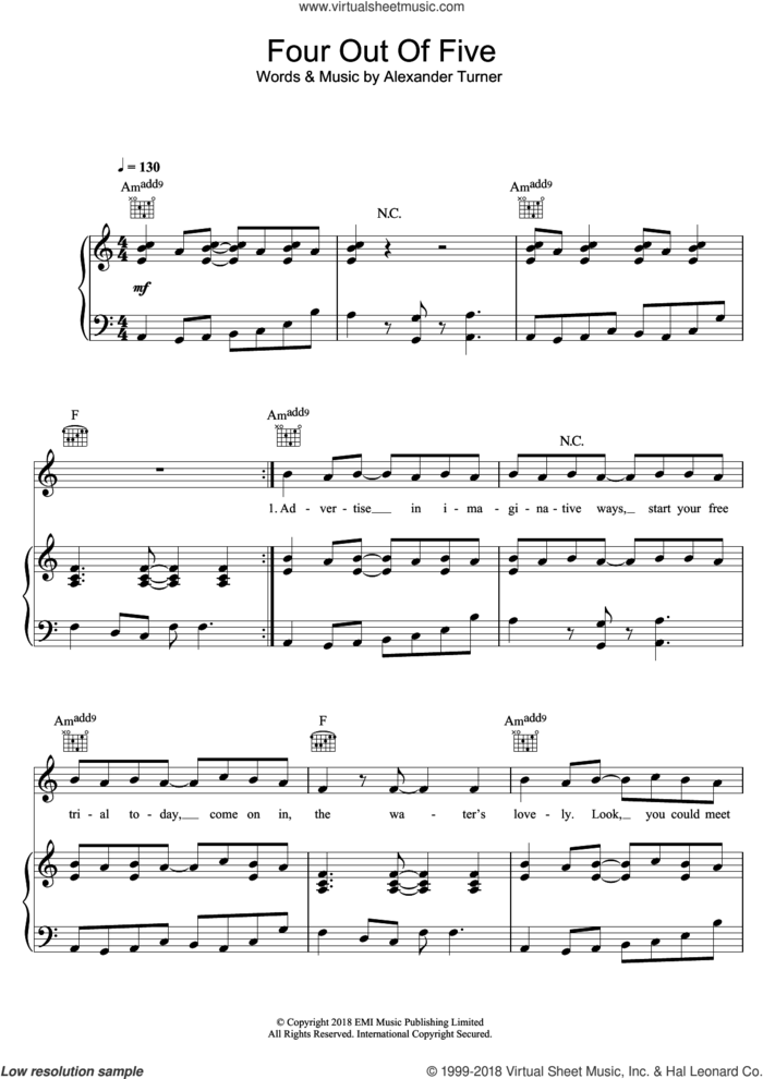 Four Out Of Five sheet music for voice, piano or guitar by Arctic Monkeys and Alexander Turner, intermediate skill level