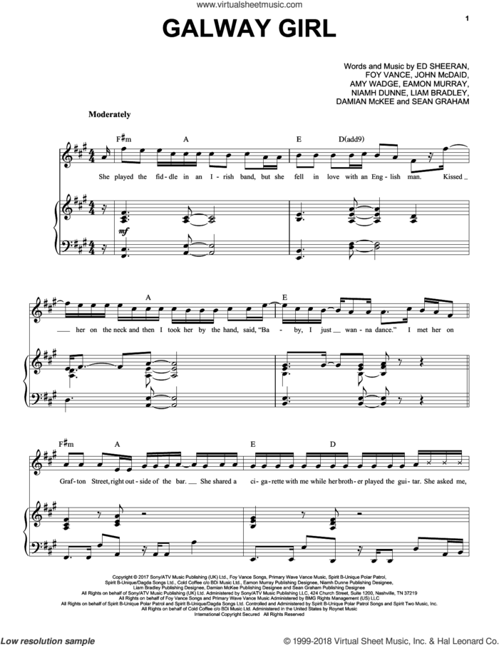 Galway Girl sheet music for voice and piano by Ed Sheeran, Taylor Swift, Amy Wadge, Damian McKee, Eamon Murray, Foy Vance, John McDaid, Liam Bradley, Niamh Dunne and Sean Graham, intermediate skill level