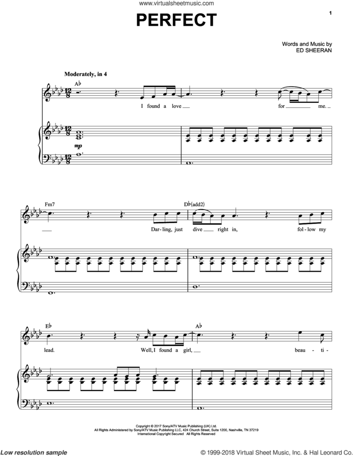 Perfect sheet music for voice and piano by Ed Sheeran and Taylor Swift, intermediate skill level