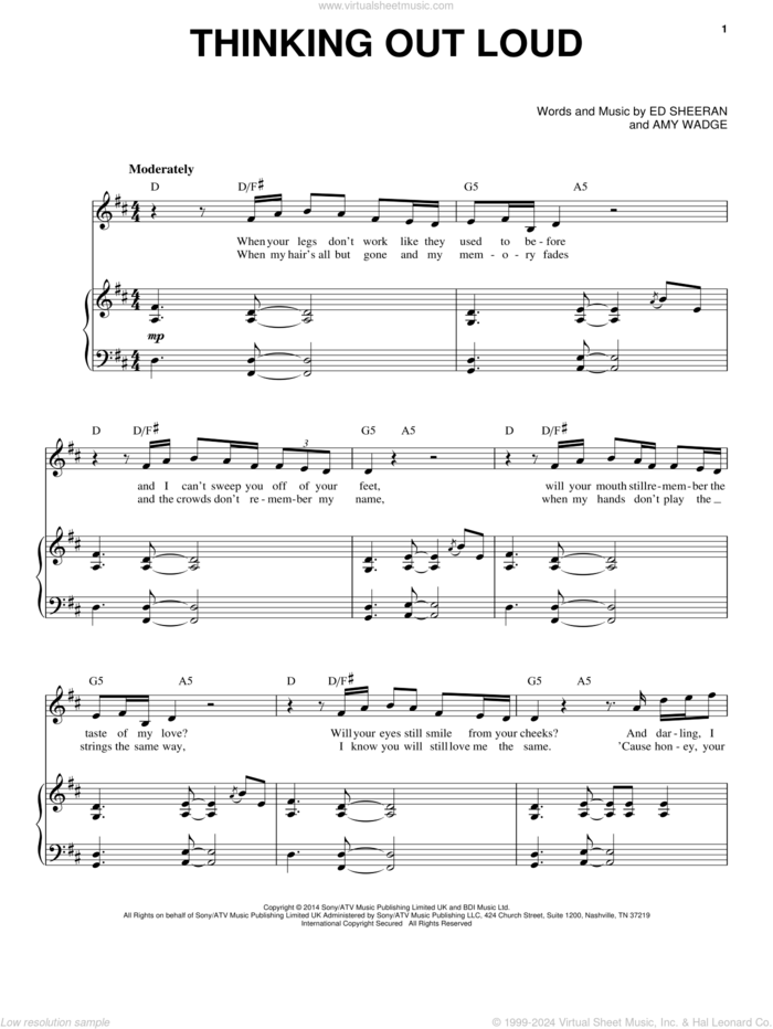 Thinking Out Loud sheet music for voice and piano by Ed Sheeran, Taylor Swift and Amy Wadge, wedding score, intermediate skill level