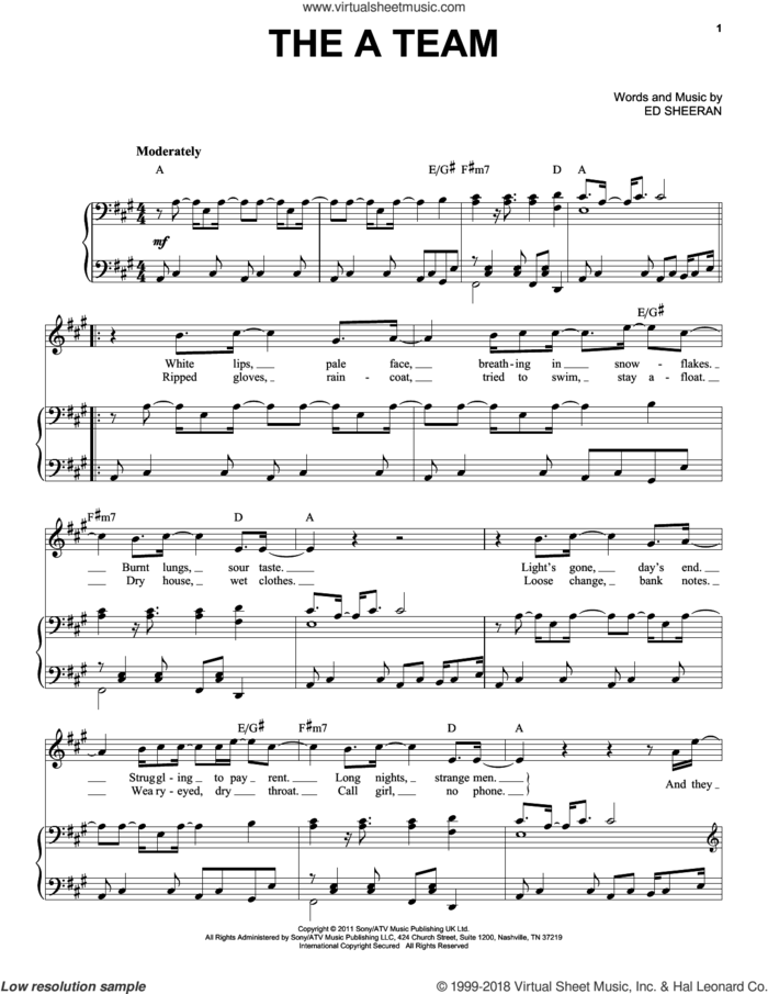 The A Team sheet music for voice and piano by Ed Sheeran and Taylor Swift, intermediate skill level