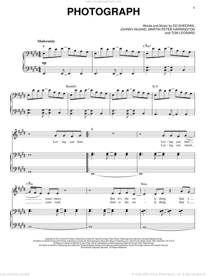 Photograph sheet music for voice and piano by Ed Sheeran, Taylor Swift, Johnny McDaid, Martin Peter Harrington and Tom Leonard, intermediate skill level