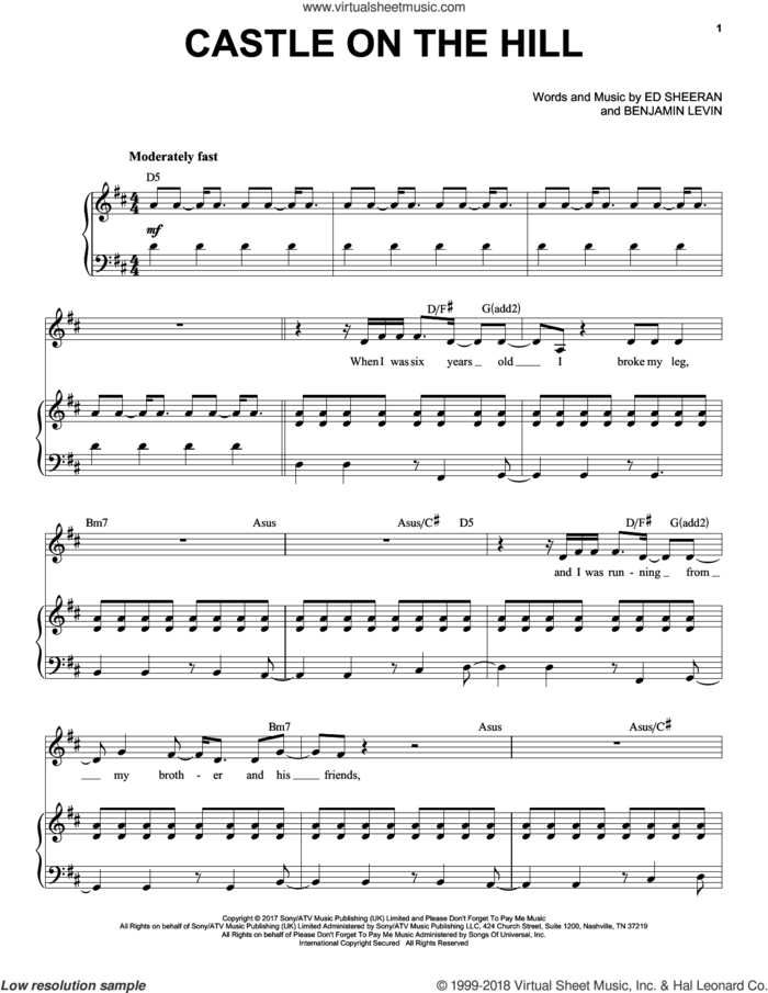 Castle On The Hill sheet music for voice and piano by Ed Sheeran, Taylor Swift and Benjamin Levin, intermediate skill level
