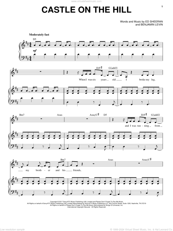 Castle On The Hill sheet music for voice and piano by Ed Sheeran, Taylor Swift and Benjamin Levin, intermediate skill level