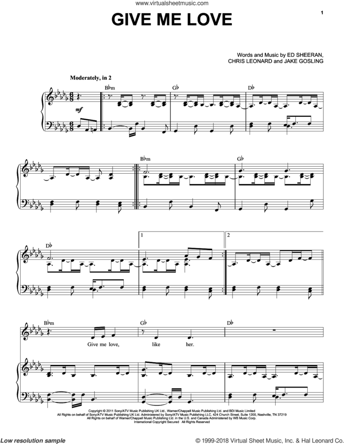 Give Me Love sheet music for voice and piano by Ed Sheeran, Taylor Swift, Chris Leonard and Jake Gosling, intermediate skill level