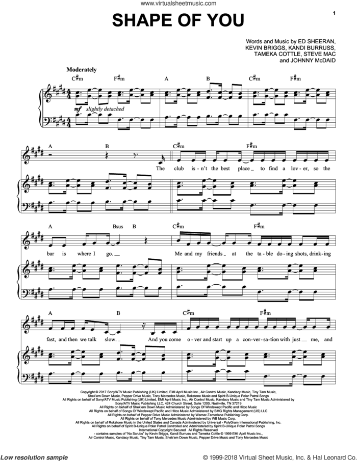 Shape Of You sheet music for voice and piano by Ed Sheeran, Taylor Swift, Johnny McDaid, Kandi Burruss, Kevin Briggs, Steve Mac and Tameka Cottle, intermediate skill level