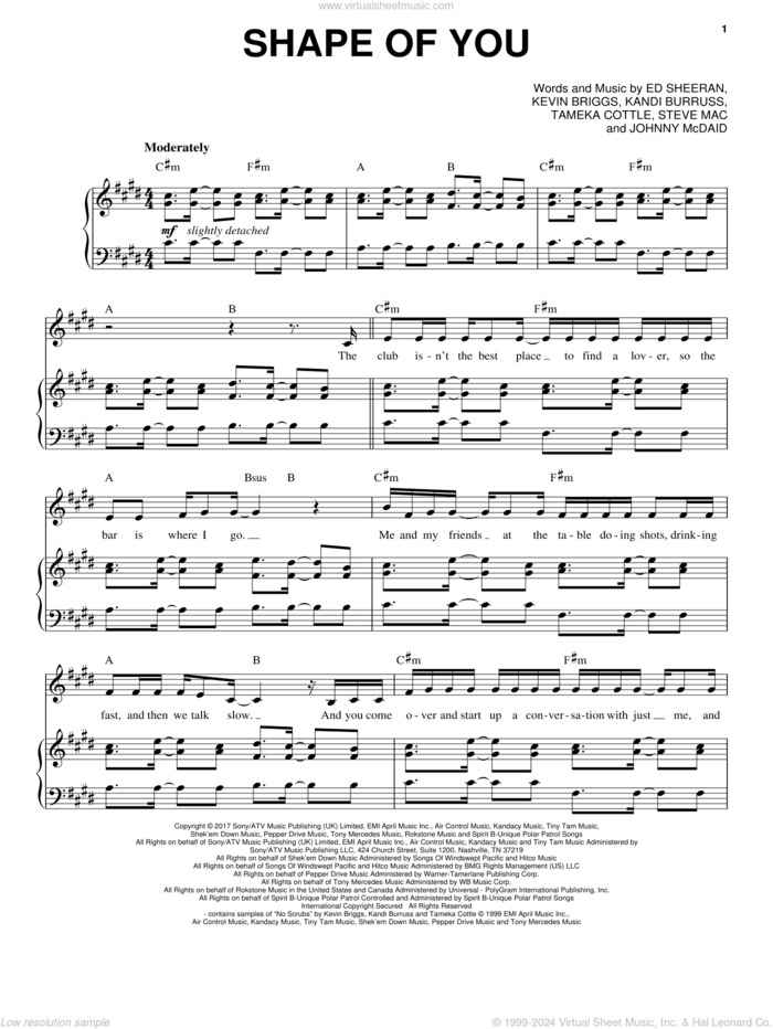 Shape Of You sheet music for voice and piano by Ed Sheeran, Taylor Swift, Johnny McDaid, Kandi Burruss, Kevin Briggs, Steve Mac and Tameka Cottle, intermediate skill level