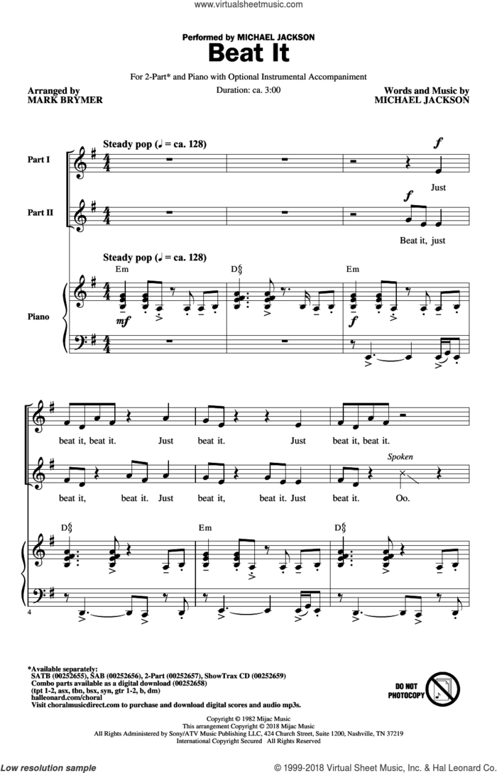 Beat It sheet music for choir (2-Part) by Michael Jackson and Mark Brymer, intermediate duet