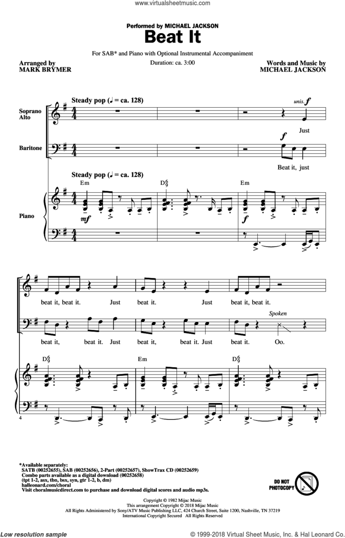 Beat It sheet music for choir (SAB: soprano, alto, bass) by Michael Jackson and Mark Brymer, intermediate skill level