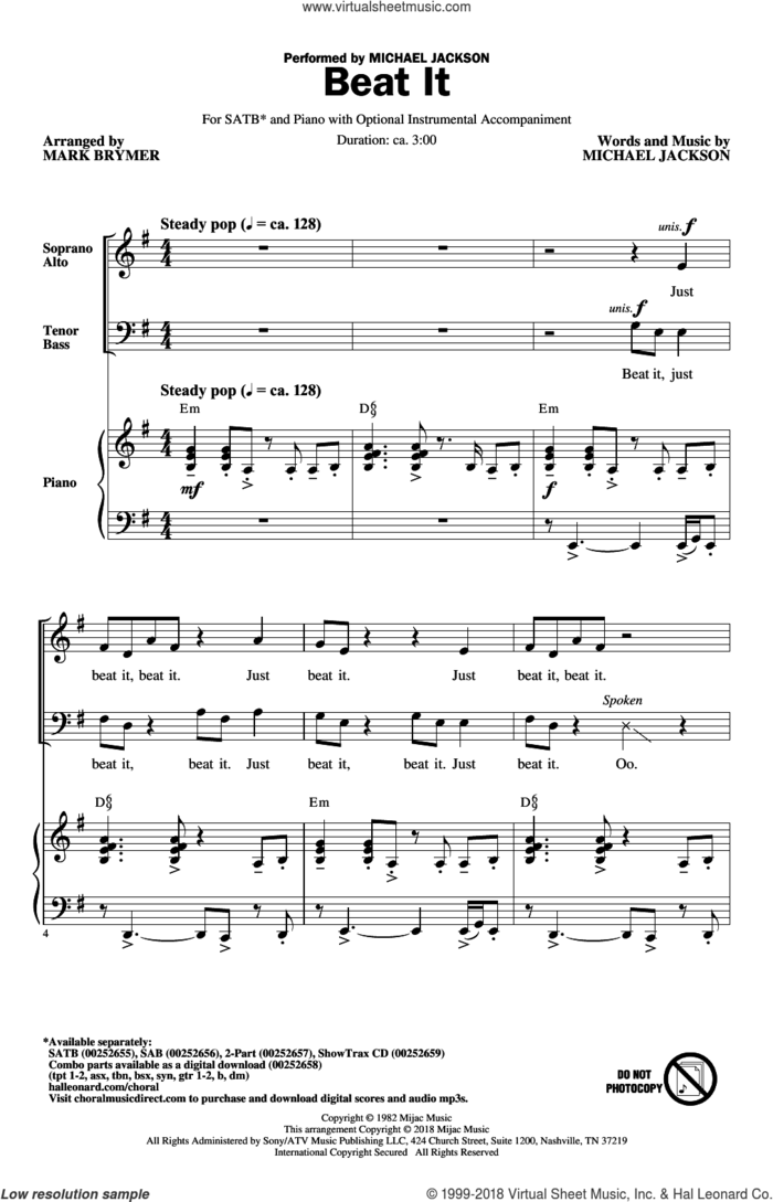 Beat It sheet music for choir (SATB: soprano, alto, tenor, bass) by Michael Jackson and Mark Brymer, intermediate skill level