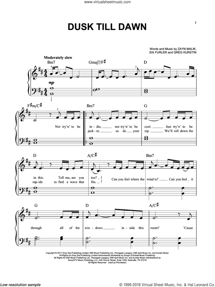 Dusk Till Dawn sheet music for piano solo by ZAYN feat. Sia, Greg Kurstin, Sia Furler and Zayn Malik, easy skill level