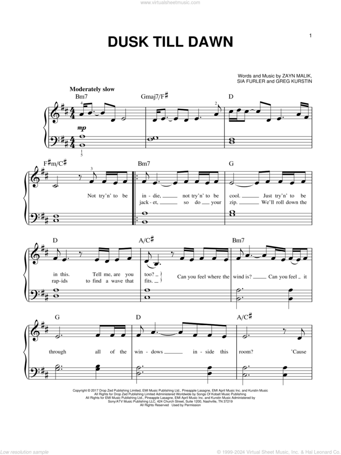 Dusk Till Dawn sheet music for piano solo by ZAYN feat. Sia, Greg Kurstin, Sia Furler and Zayn Malik, easy skill level