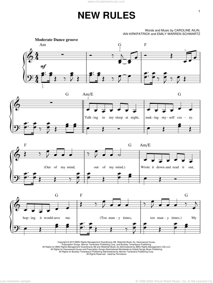 New Rules sheet music for piano solo by Dua Lipa, Caroline Ailin, Emily Warren Schwartz and Ian Kirkpatrick, easy skill level