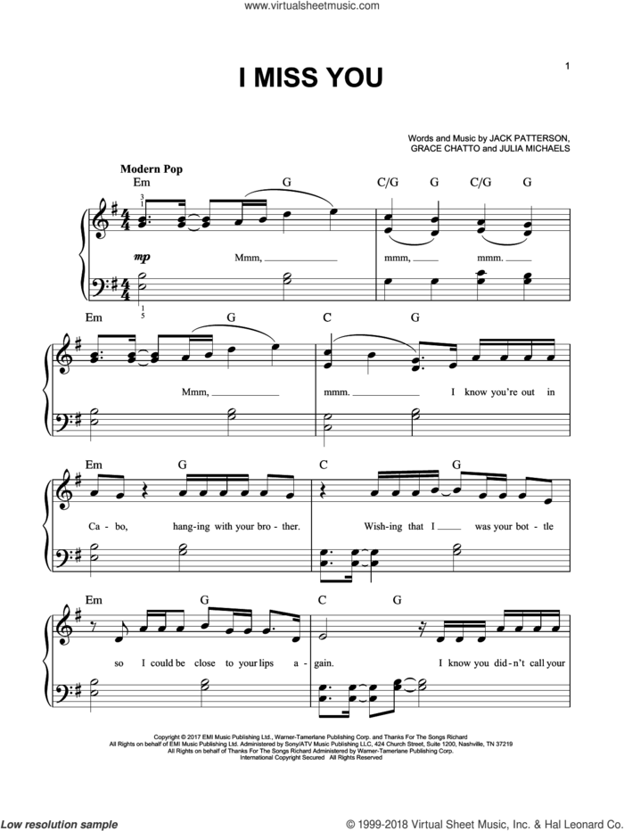 I Miss You sheet music for piano solo by Clean Bandit ft. Julia Michaels, Grace Chatto, Jack Patterson and Julia Michaels, easy skill level