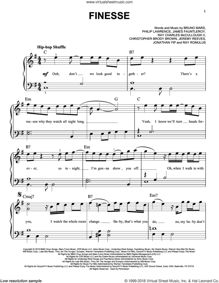 Finesse, (easy) sheet music for piano solo by Bruno Mars, Christopher Brody Brown, James Fauntleroy, Jeremy Reeves, Jonathan Yip, Philip Lawrence, Ray Charles McCullough II and Ray Romulus, easy skill level