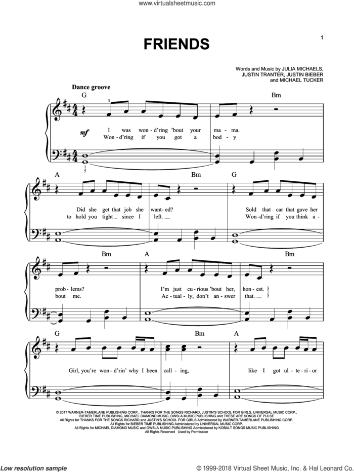 Friends sheet music for piano solo by Justin Bieber feat. BloodPop, Julia Michaels, Justin Bieber, Justin Tranter and Michael Tucker, easy skill level