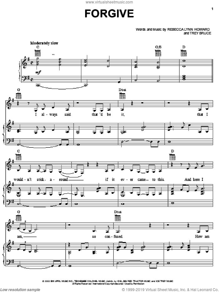Forgive sheet music for voice, piano or guitar by Rebecca Lynn Howard and Trey Bruce, intermediate skill level