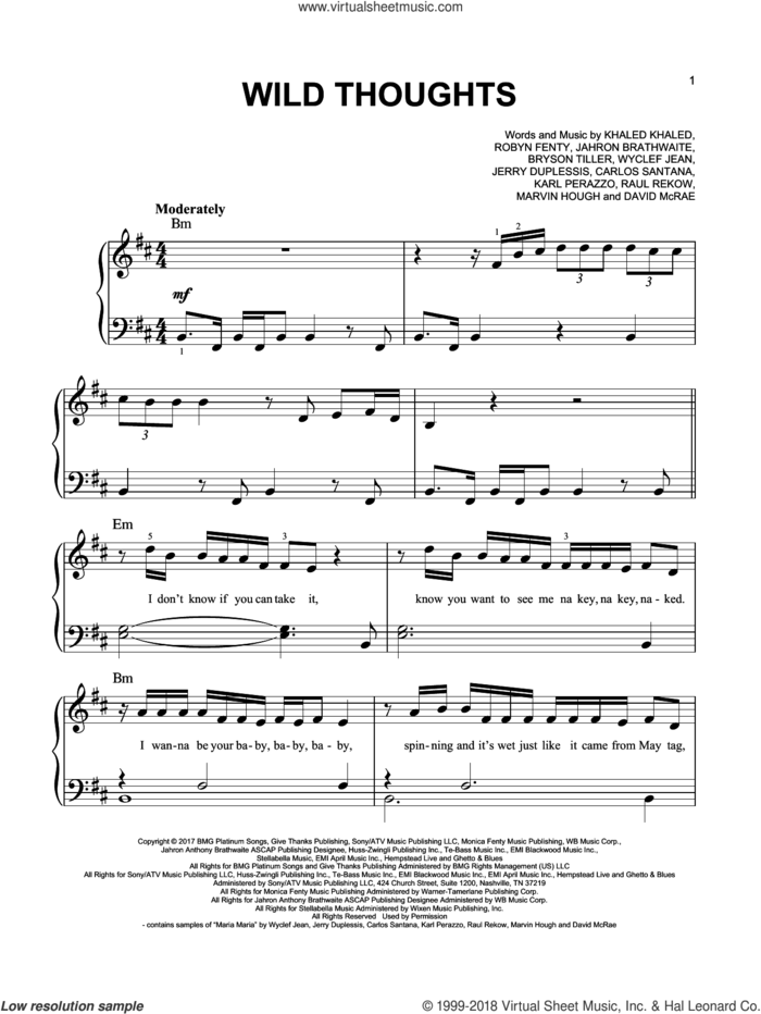 Wild Thoughts (feat. Rihanna and Bryson Tiller) sheet music for piano solo by DJ Khaled (feat Rihanna), DJ Khaled, Bryan Tiller, Carlos Santana, David McRae, Hough Moore, Jahron Brathwaite, Jean Wyclef, Jerry Duplessis, Khaled Khaled and Robyn Fenty, easy skill level