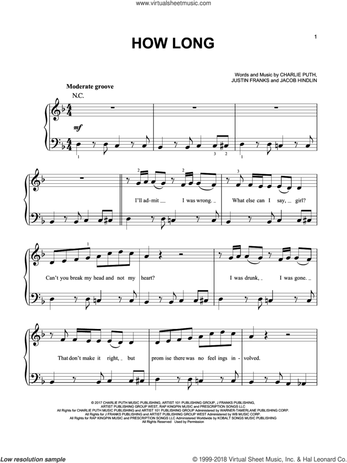 How Long sheet music for piano solo by Charlie Puth, Jacob Hindlin and Justin Franks, easy skill level