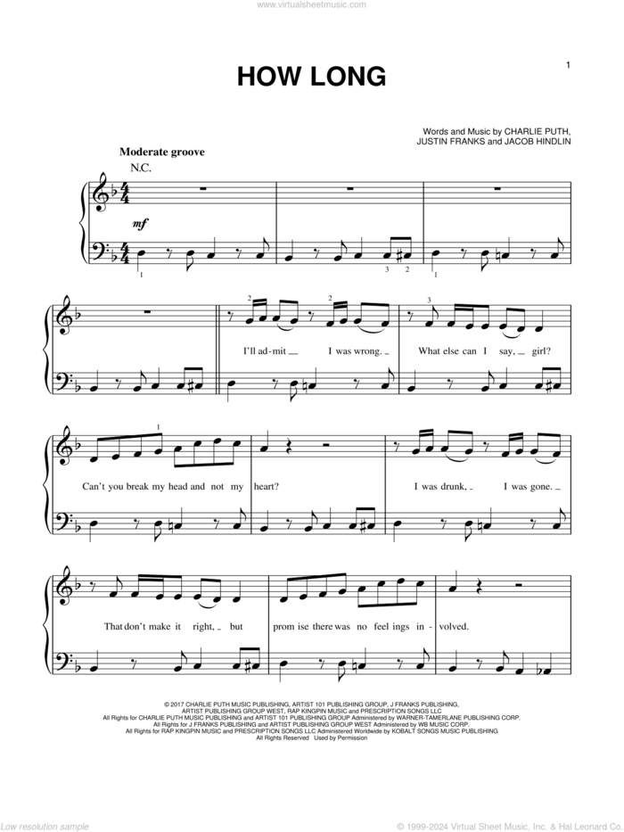 How Long sheet music for piano solo by Charlie Puth, Jacob Hindlin and Justin Franks, easy skill level