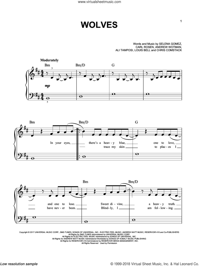 Wolves sheet music for piano solo by Selena Gomez & Marshmello, Ali Tamposi, Andrew Wotman, Carl Rosen, Chris Comstock, Louis Bell and Selena Gomez, easy skill level