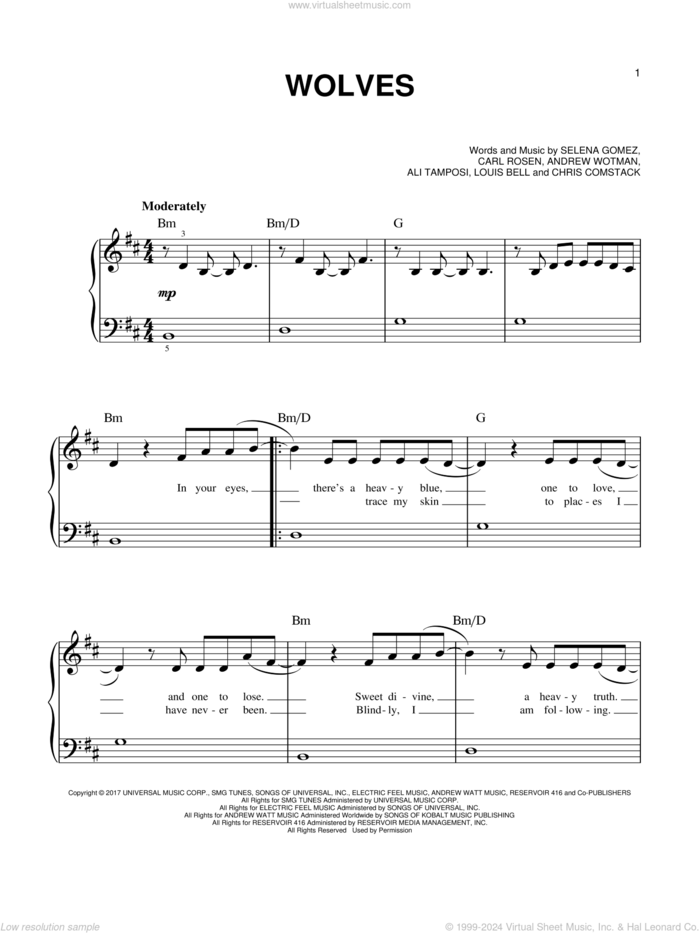 Wolves sheet music for piano solo by Selena Gomez & Marshmello, Ali Tamposi, Andrew Wotman, Carl Rosen, Chris Comstock, Louis Bell and Selena Gomez, easy skill level