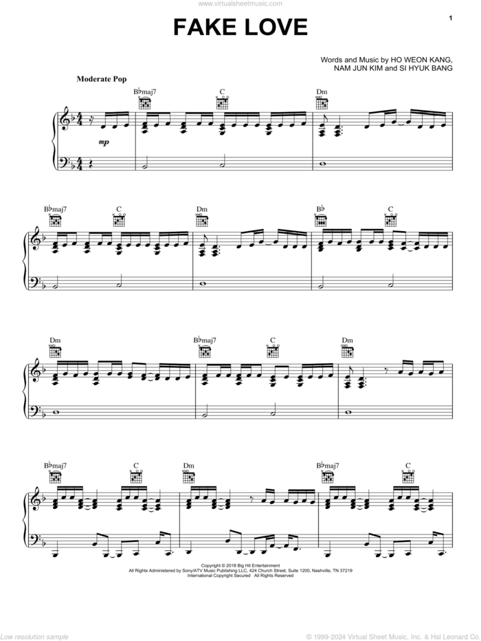 Fake Love sheet music for piano solo by BTS, Ho Weon Kang, Nam Jun Kim and Si Hyuk Bang, intermediate skill level