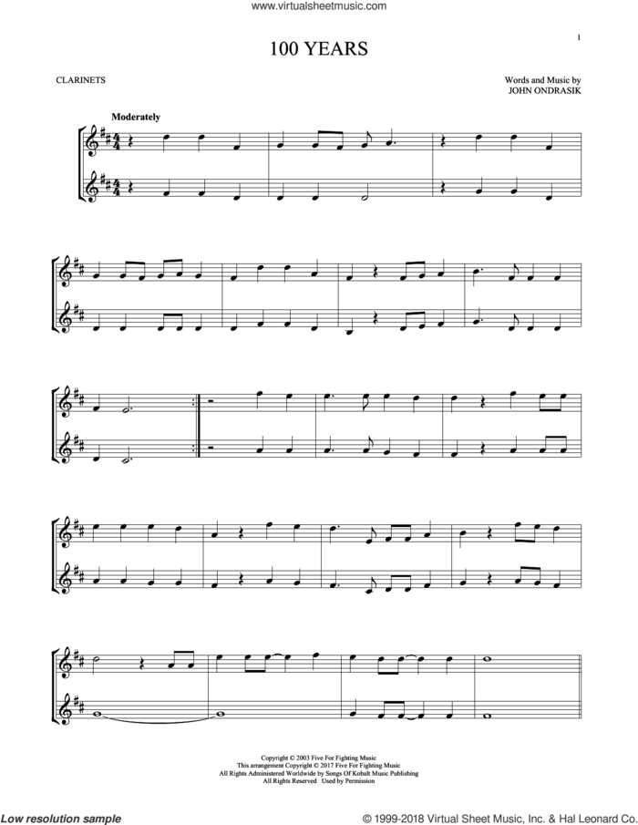 100 Years sheet music for two clarinets (duets) by Five For Fighting and John Ondrasik, intermediate skill level