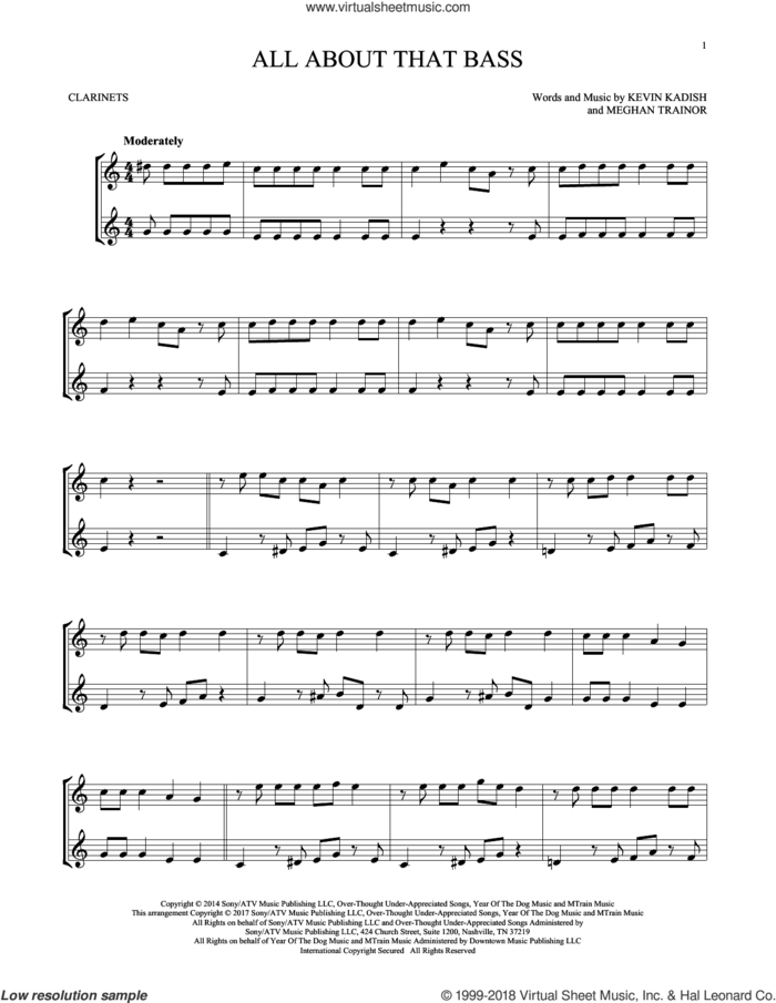 All About That Bass sheet music for two clarinets (duets) by Meghan Trainor and Kevin Kadish, intermediate skill level